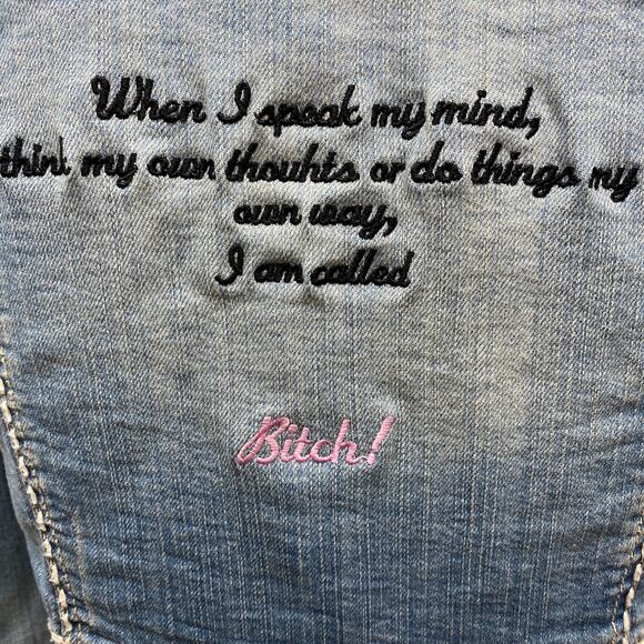 RTB Real Tough B itch Denim Jacket SMALL Biker Babe Blue Jean Embroidered Bling - Picture 4 of 11